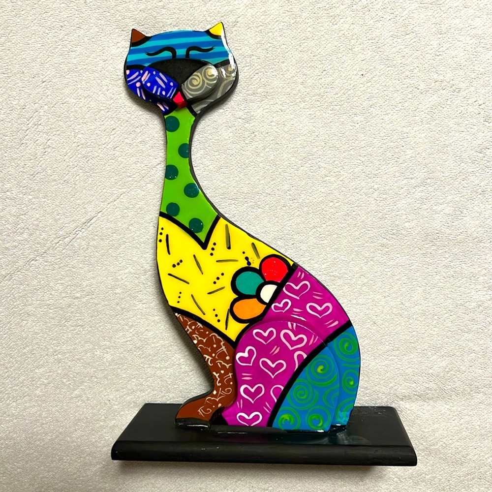 Colorful Cat on the Stand Figurine. Wood Painting.Purrrfect House Decoration